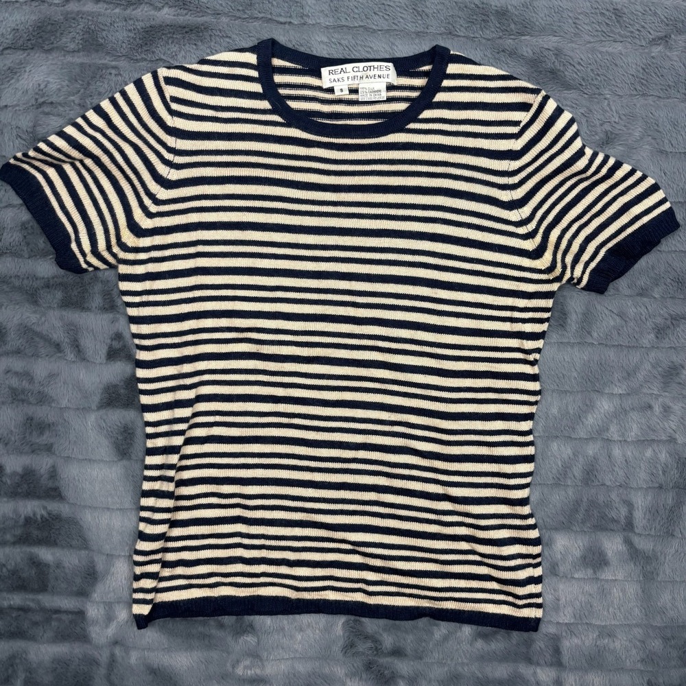 Real Clothes Saks Fifth Avenue Silk Cashmere Striped Short Sleeve Sweater Navy S